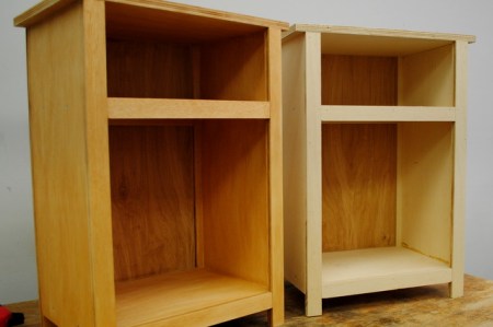 Preview: halfway stained Bookcases before and after staining