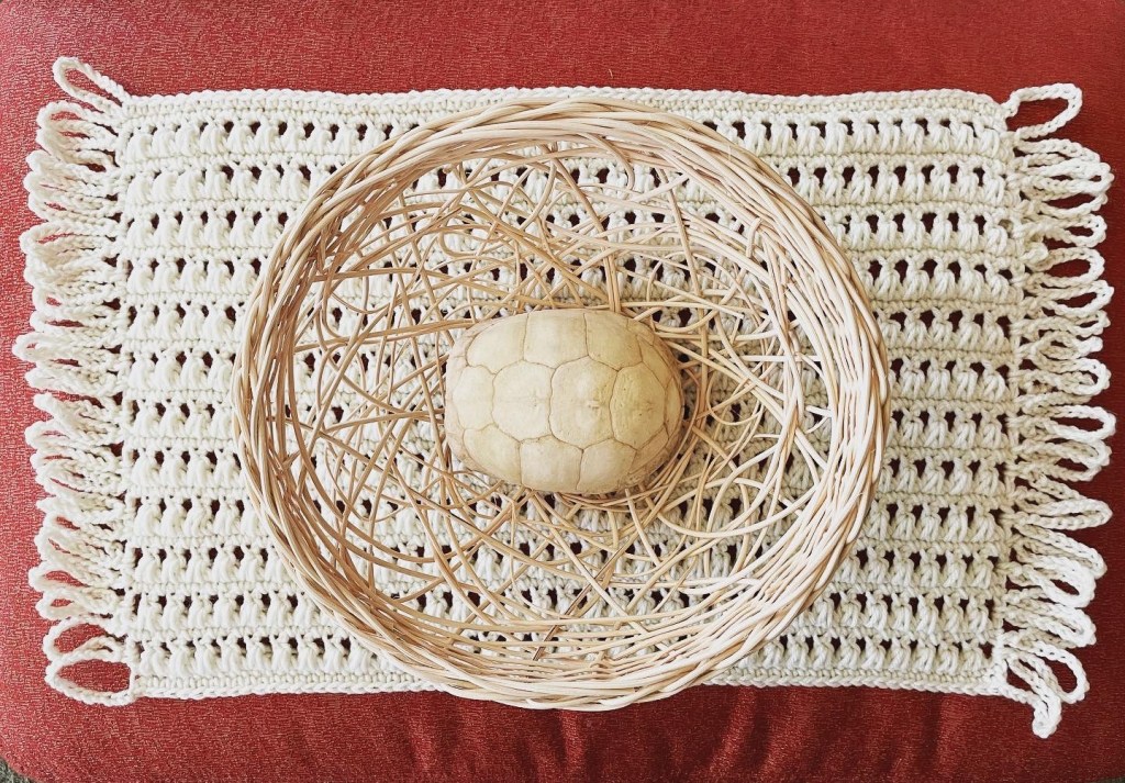 crochet mat, reed basket, found turtle shell